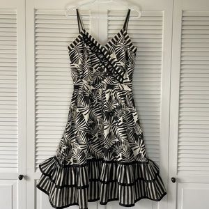 Vintage Tropical 1940’s Linen Black & White Stripe Palm Ruffle Dress